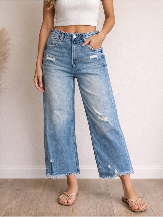 Risen Jeans Denim - Risen Tessa Blue Distressed HIGH RISE CROP WIDE SIDE SLIT WITH FRAY HEM JEANS